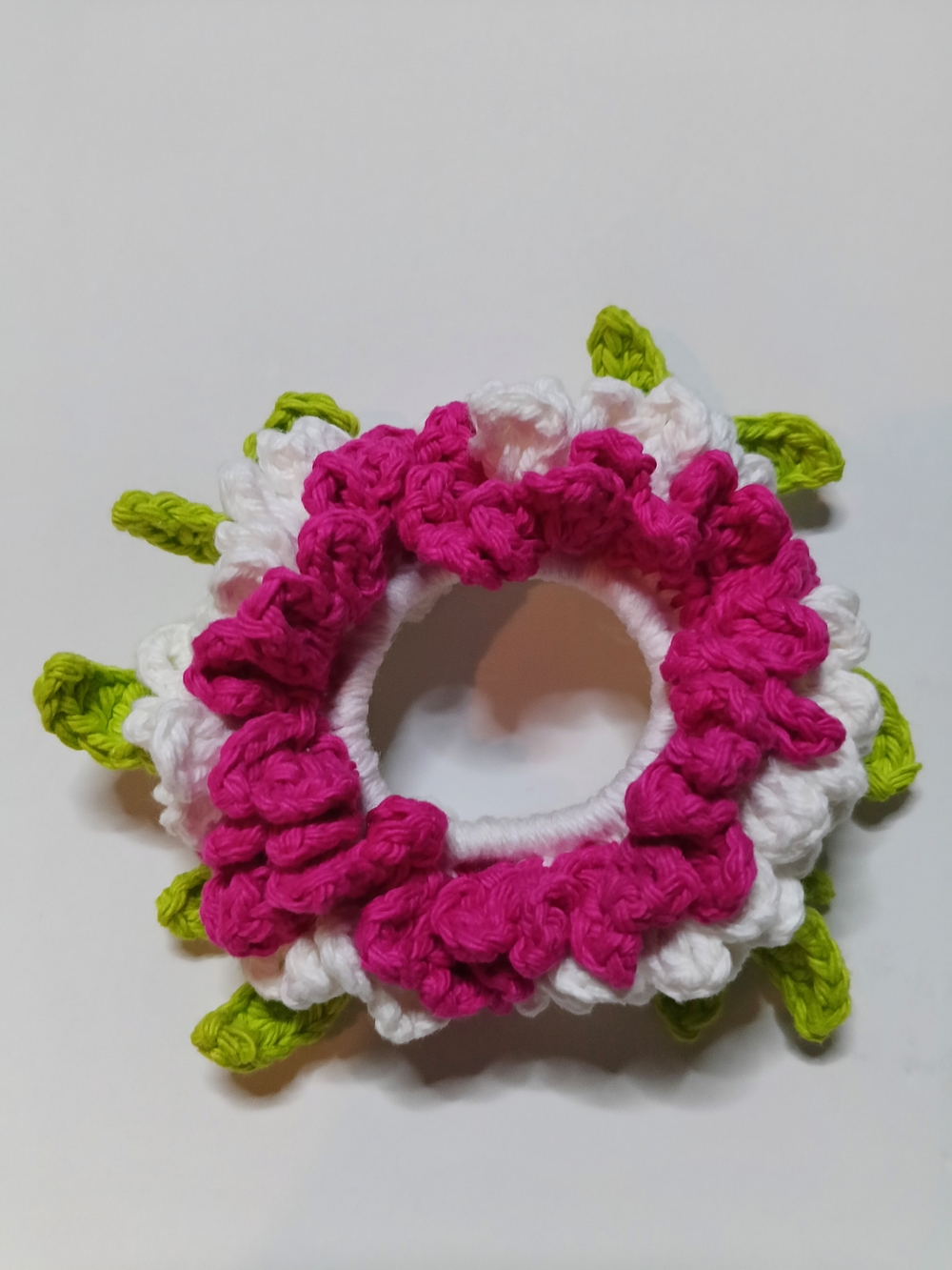 Handmade Pink & White Crochet Flower Hair Scrunchie with Green Leaf Accents